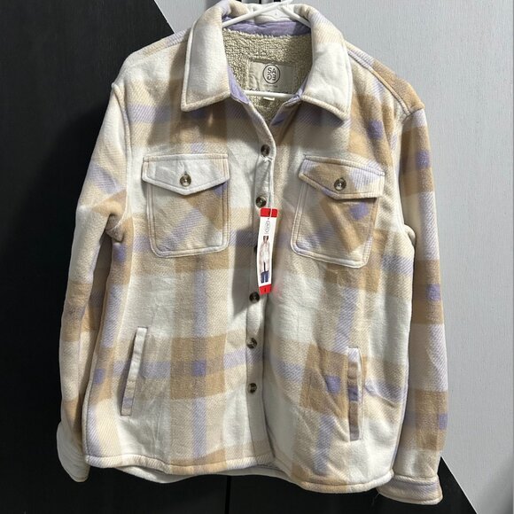⭐️NWT⭐️ Sage Collective Fleece Plaid Sherpa-Lined Shacket Women's Size M - Picture 1 of 10